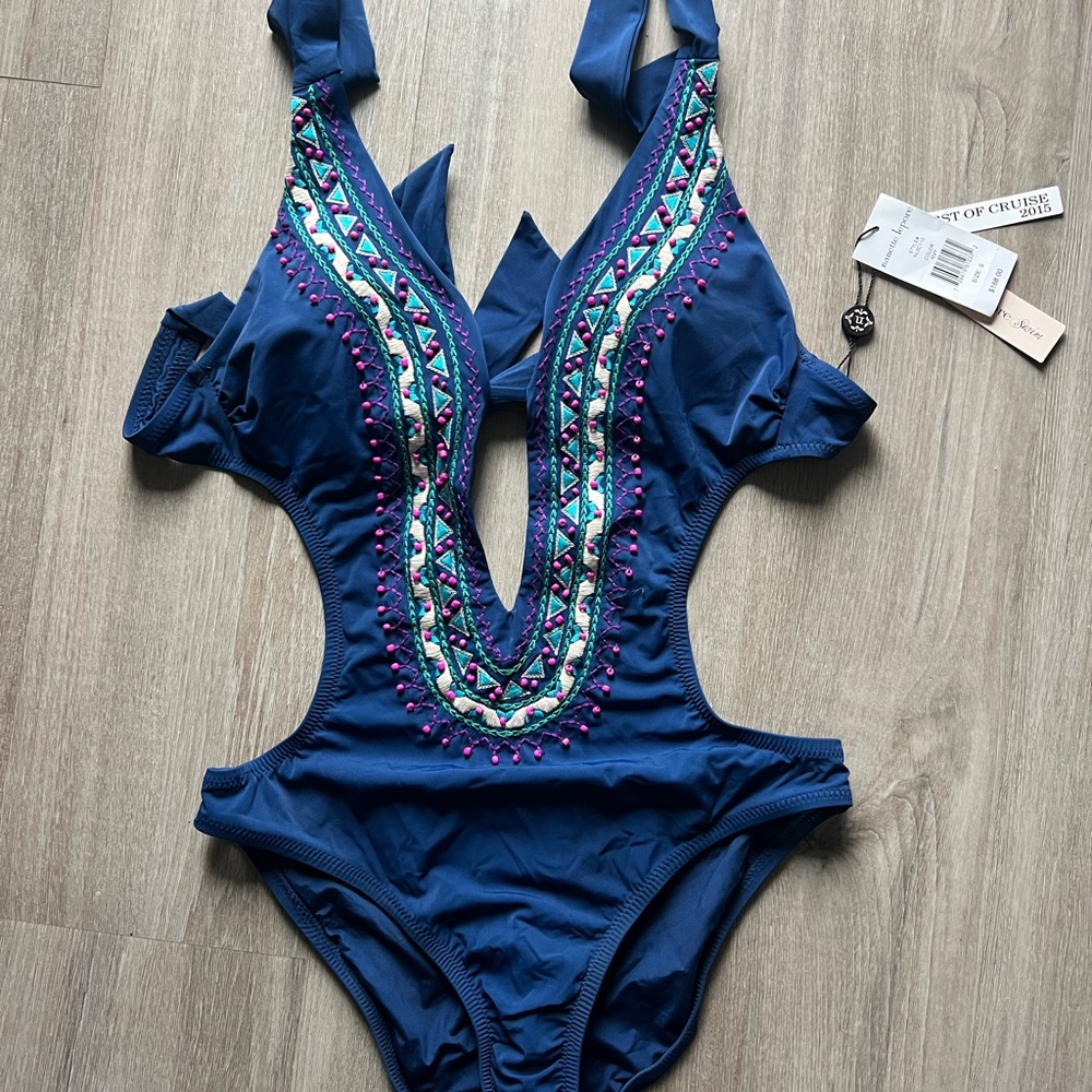 Nanette Lepore Navy One-Piece Swimsuit with Multicolor Embroidery